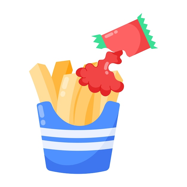 A french fries with ketchup is poured into a blue container.