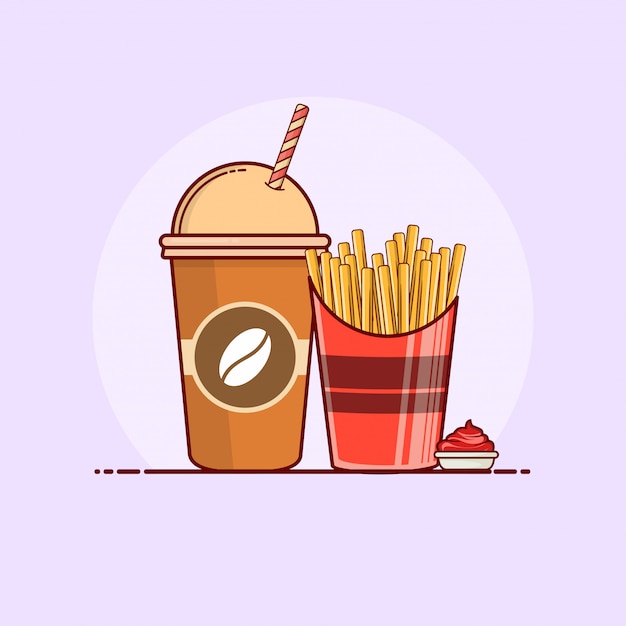 French fries with soda icon illustration.