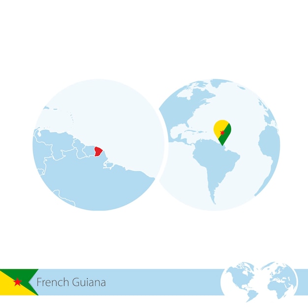 French Guiana on world globe with flag and regional map of French Guiana. Vector Illustration.