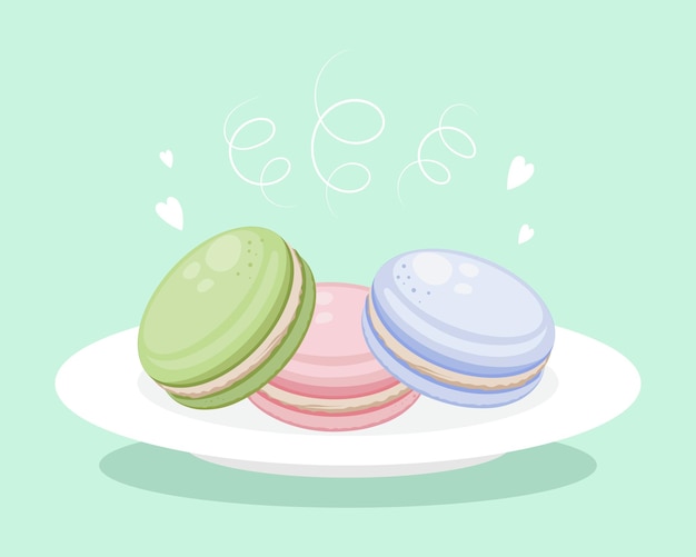 French macaroon cookies on a white plate. Pastel colors. Design for cafe and pastry shop, poster