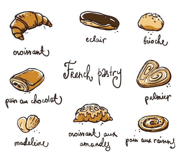 French pastry. Traditional baked desserts.  Vector sketch