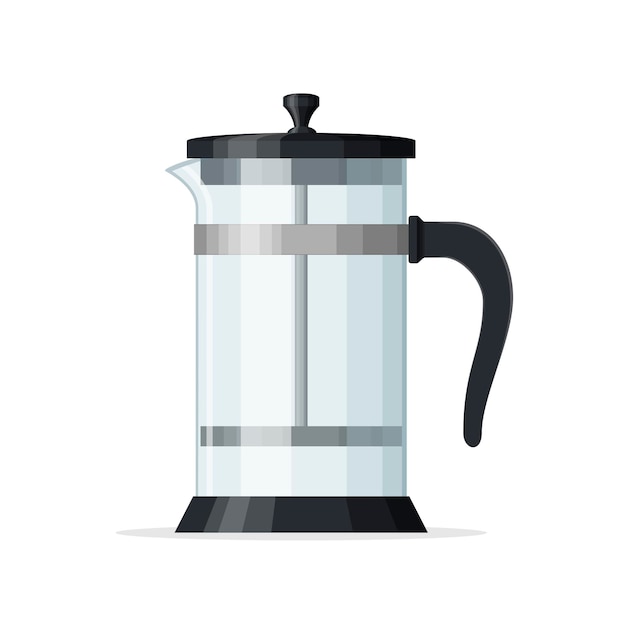 French press coffee pot isolated on white background. Empty glass teapot with piston. Home coffee maker, drink ware. Best for coffee shop and restaurant menu. Vector illustration.