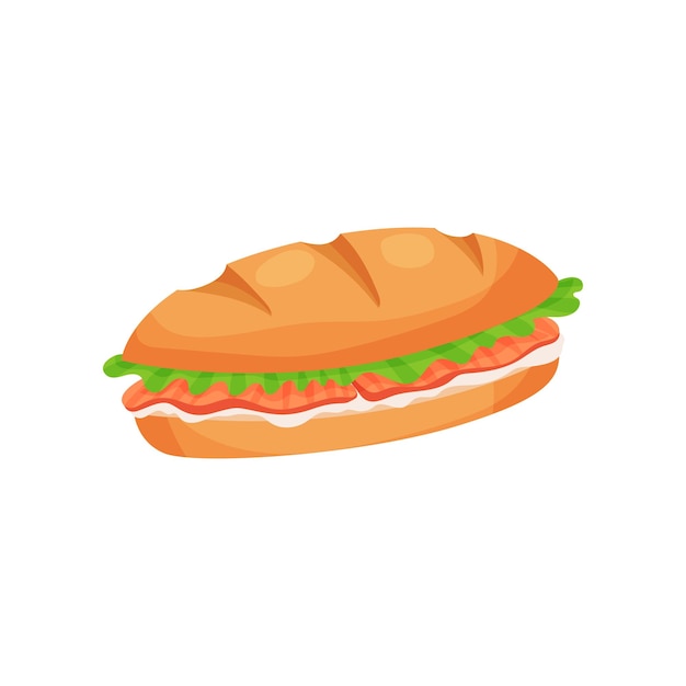 French sandwich loaf with ham slices cheese and lettuce vector Illustration on a white background