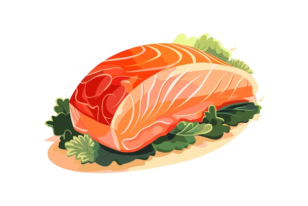 Fresh appetizing salmon steak slice with peel and green leaves vector flat illustration generative AI Red fish piece for cooking eating seafood meal omega nutrition serving with herb isolated