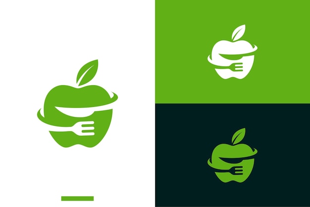 Fresh apple fruit with fork and knife, logo concept for nutrition, digest, fresh food