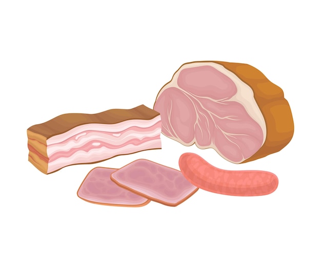 Vector fresh bacon slab and meat isolated on white background vector composition