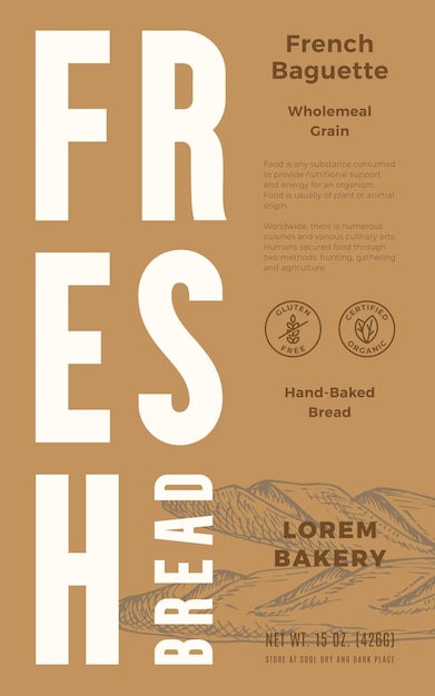 Fresh Baked Bread Abstract Vector Packaging Design Label Modern Typography Banner Hand Drawn French Baguette Loaf Sketch Silhouette Color Paper Background Layout Isolated