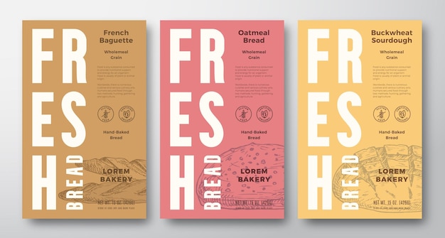 Fresh Baked Bread Abstract Vector Packaging Design Labels Collection Modern Typography Banners Hand Drawn Bread Loaf Baguette Sketch Silhouettes Set Color Paper Background Layouts Isolated