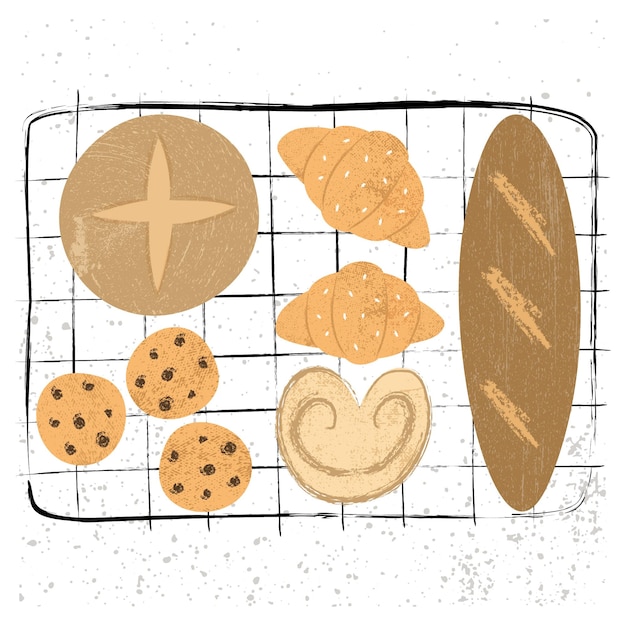 Fresh baked goods on cooling rack poster flat style illustration with textures