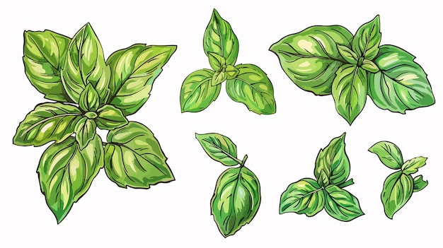 Vector fresh basil leaves spices lined vector illustration