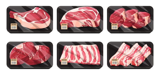 Fresh beef and pork in packaging Sorted meat for sale Vector illustration