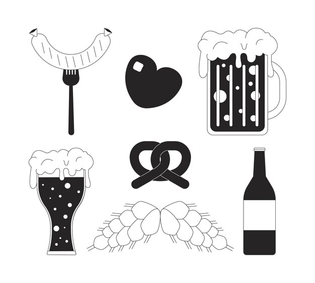 Vector fresh beer with snacks and ingredients black and white 2d line objects set