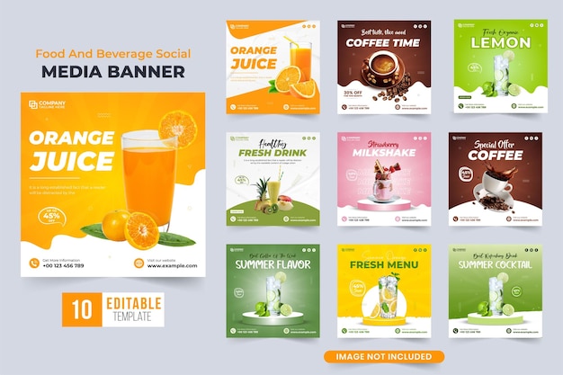 Fresh beverage business social media post bundle with orange and green colors Juice bar and cafe template set vector for digital marketing Fruit cocktail promotional poster collection design