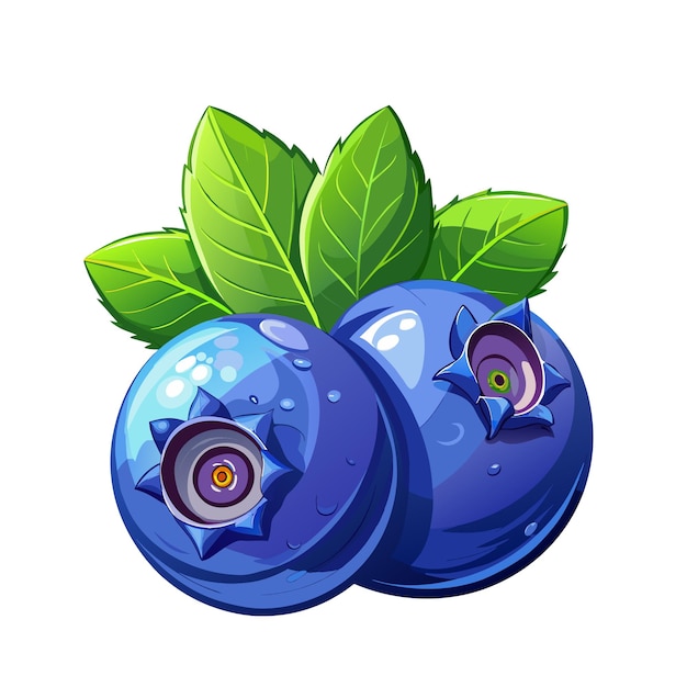 Fresh blueberry berry with leaves cartoon style on white background