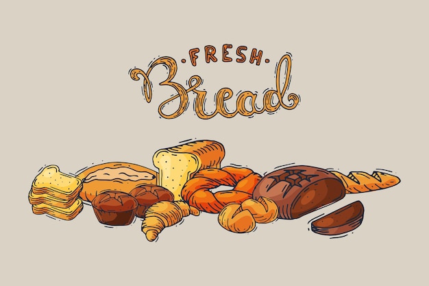 Fresh bread hand drawing sketch style, soft delicious baked pastry