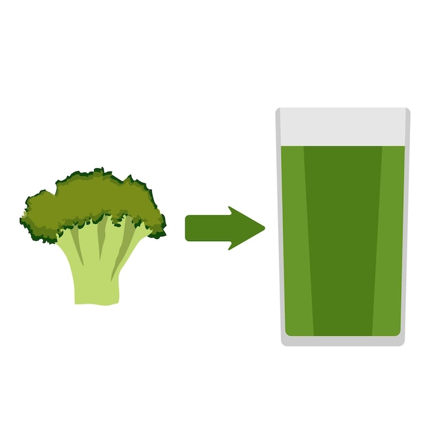 Vector fresh broccoli and a glass of broccoli juice around