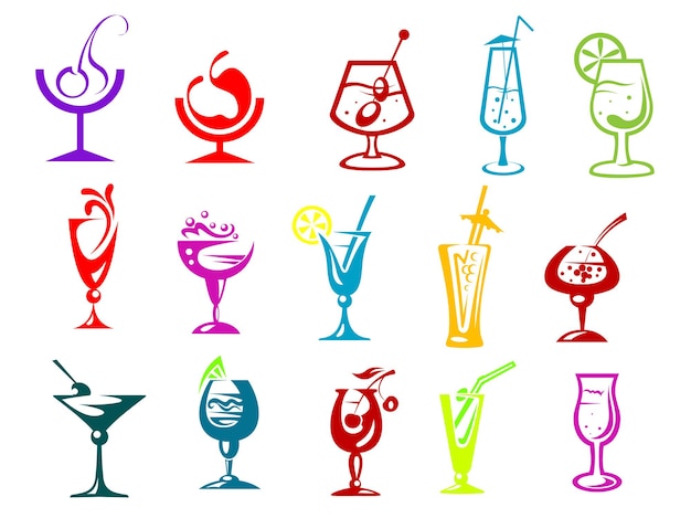 Fresh colorful cocktails, drinks and beverages in elegant glasses with straws, fruits and decorative umbrella. Outline sketch style