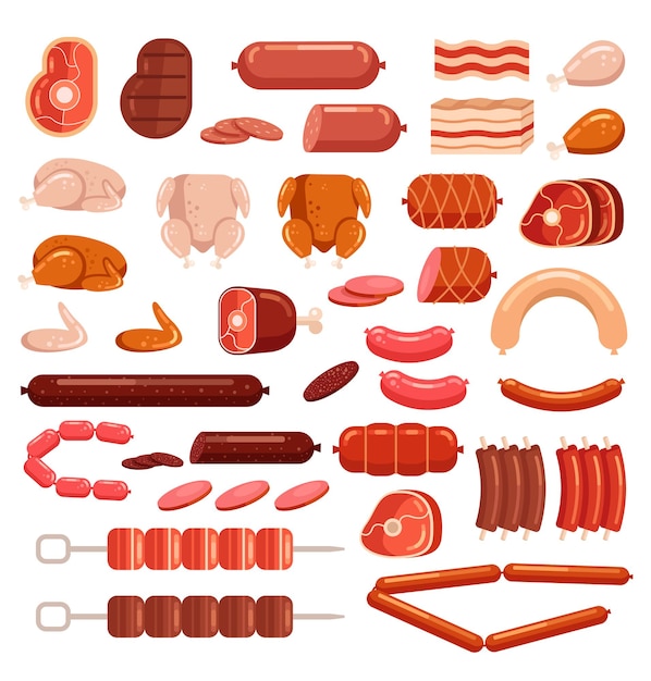 Fresh and cooked chicken pork and cow beef meat cut sliced sausage supermarket