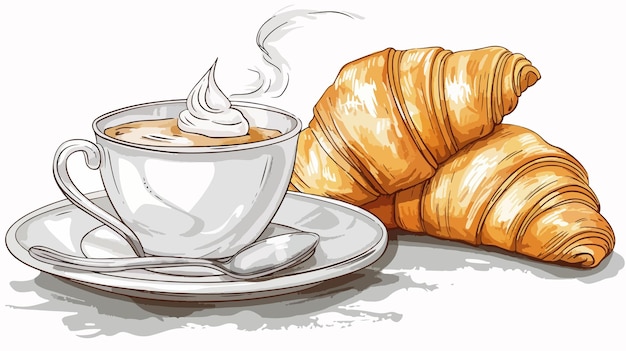 Vector fresh croissants and cup of coffee on breakfast table