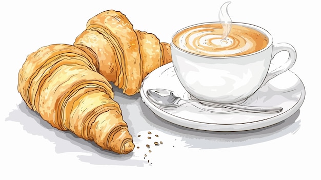 Vector fresh croissants and cup of coffee on breakfast table