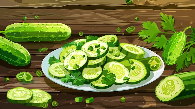 Vector fresh cucumber salad composition on wooden background