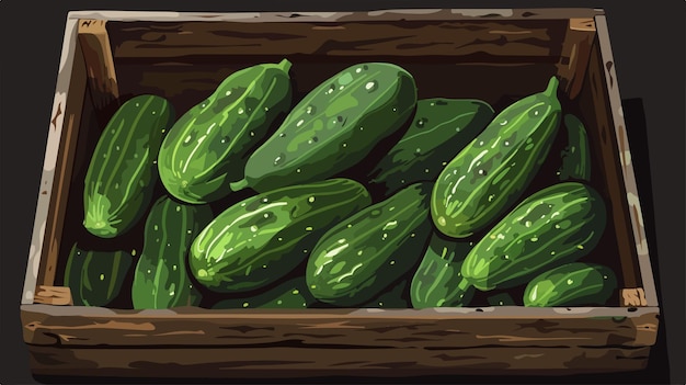 Vector fresh cucumbers in wooden box on black background