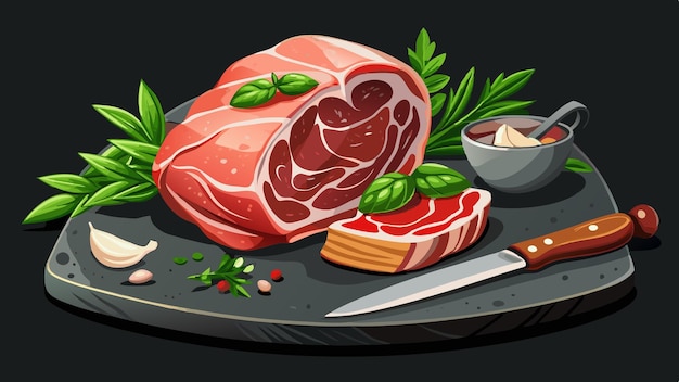 A fresh cut of pork from the neck with herbs and a butcher knife on a black stone table background p