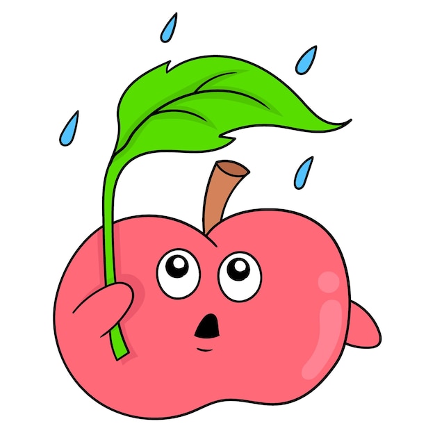 Fresh cute apple is taking shelter from heavy rain doodle icon image kawaii