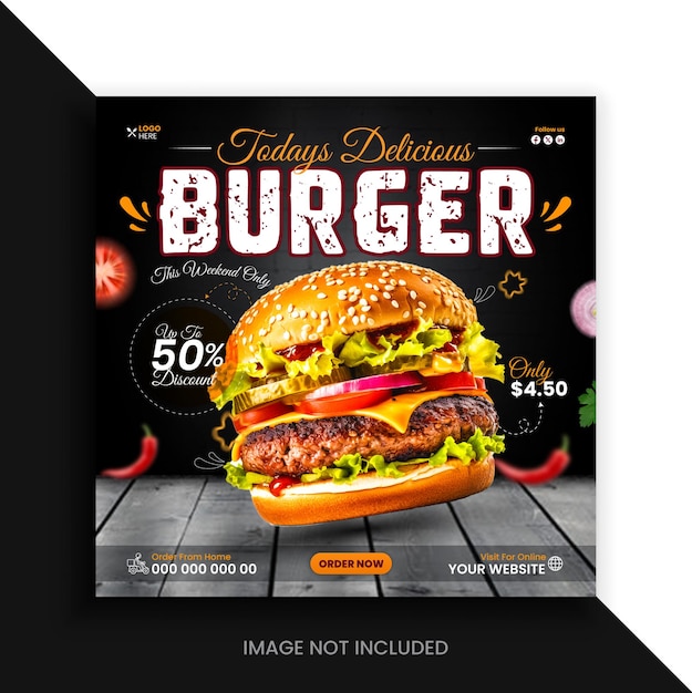 Fresh and delicious mouthwatering burger social media promo post design template