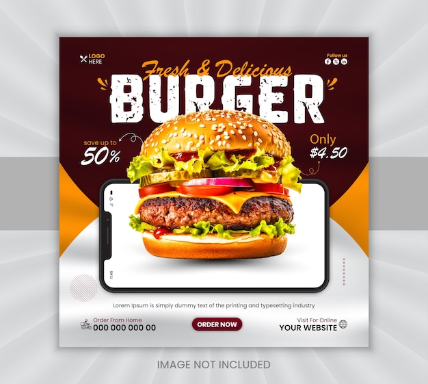 Fresh and delicious mouthwatering burger social media promo post design template