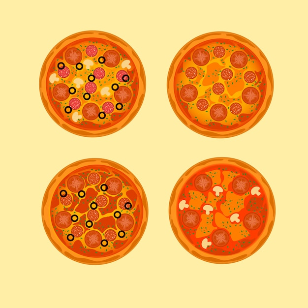 Fresh delicious pizza design illustration isolated on yellow background.