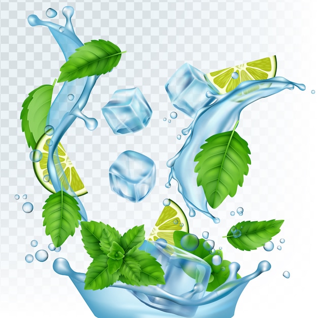 Fresh drink  illustration. Realistic water, ice cubes, mint leaves and lime  on transparent background