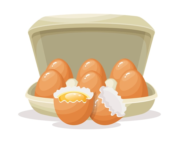 Fresh eggs in a cardboard container and a broken egg chicken eggs in a box Food illustration