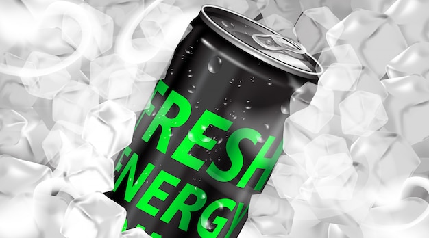 Vector fresh energy drink in can with ice cubes