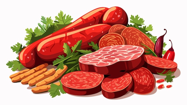 Vector fresh farm vector illustration of chicken sausages and salami