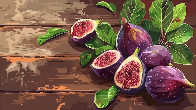 Vector fresh figs on wooden background composition