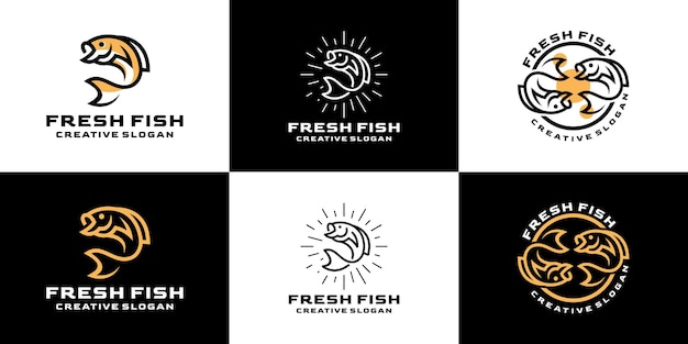 Fresh Fish Aquatic Retro Line Creative Set Collection For Business Logo