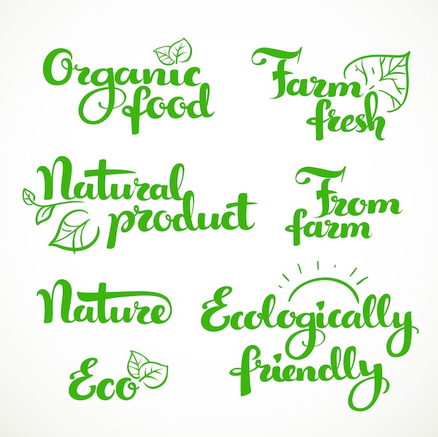 Fresh food and ecologically friendly green calligraphic inscription on a white background