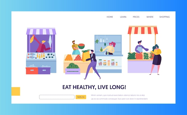 Fresh Food Farmer Organic Market Concept Landing Page. Man Customer Character Choose Vegetable Fruit Fish Seafood Website or Web Page. Healthy Ecomarket Flat Cartoon Vector Illustration