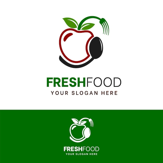 Fresh food logo design with spoon and fork and tomato icon isolated