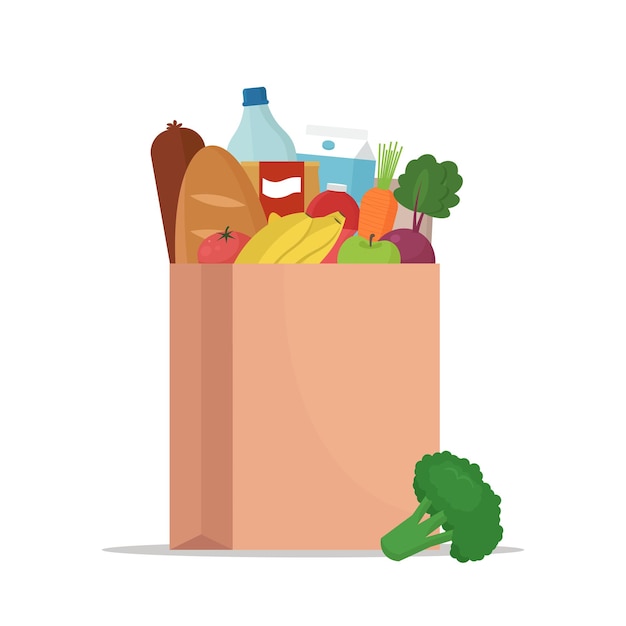 Fresh Food in a paper bag and beverage products grocery shopping Flat Vector illustration