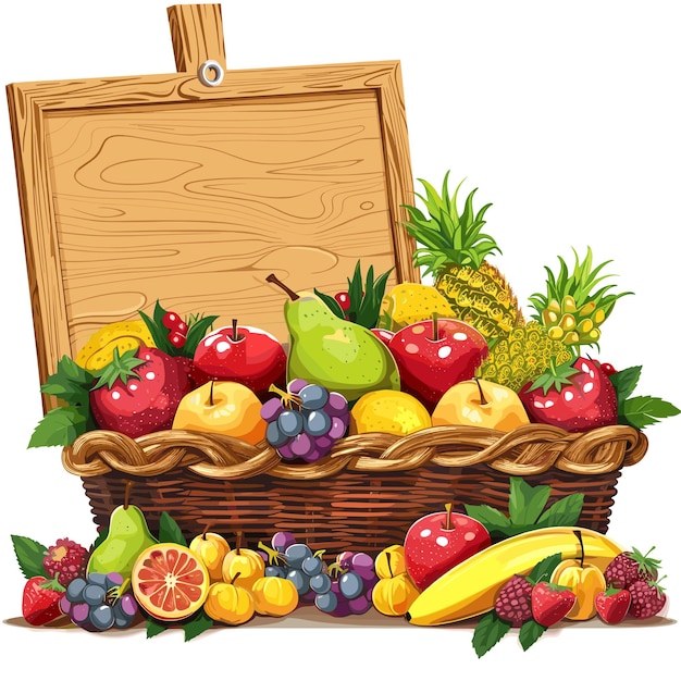 Vector fresh fruit basket with wooden sign isolated on white