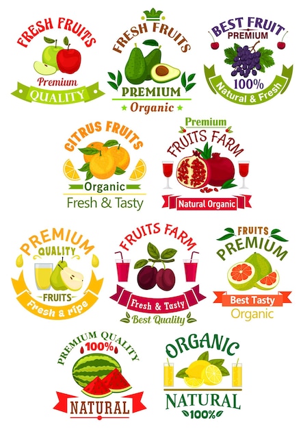 Fresh fruit juice icons signs badges set