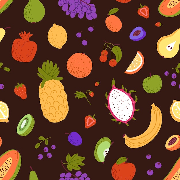 Fresh fruit repeatable pattern Endless background of tropical garden crop Different ripe berries exotic summer food banana apple pineapple orange grape kiwi Flat seamless vector illustration