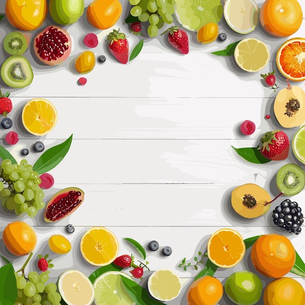 Vector fresh fruits and berries frame on white wooden background copy space healthy food diet vitamin concept