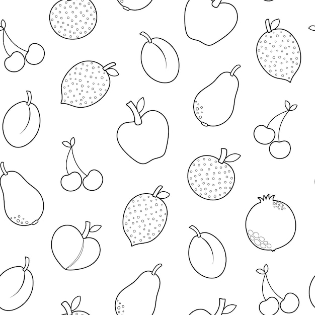 Fresh fruits black and white seamless pattern in cartoon style Healthy food doodle background