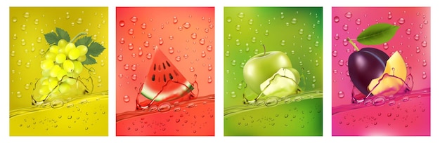 Fresh fruits juice splashing together pear apple plum watermelon juice drink splashing 3d fresh fruits Vector illustration