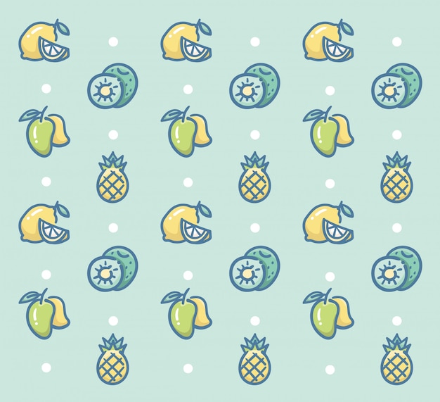 Fresh Fruits Pattern Vector Design with lemon kiwi mango and pineapple