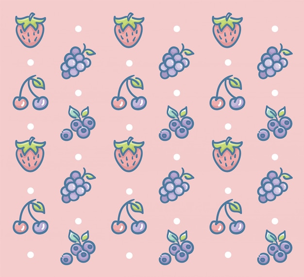 Fresh Fruits Pattern Vector Design with strawberry grape cherry and blueberry