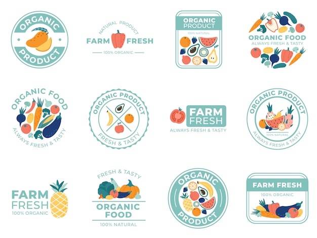 Fresh fruits and vegetables badges. Organic food, natural products and summer fruit. Vegetable badge  illustration set